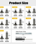 Product Size Chart for Kickass 155 Piece Black Chicago Screws And Leather Rivets Kit with assorted M4 and M5 sizes.