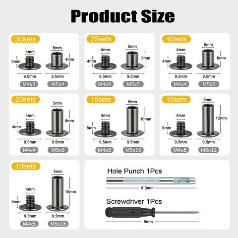 Product Size Chart for Kickass 155 Piece Black Chicago Screws And Leather Rivets Kit with assorted M4 and M5 sizes.