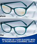 Teal eyeglasses in a before-and-after cleaning comparison (front and side views) on white fabric.