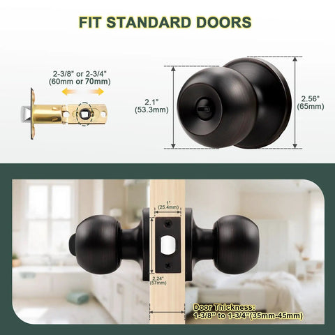 Keyless Privacy Door Knobs Oil Rubbed Bronze Vintage Round Ball Style installation guide with measurements