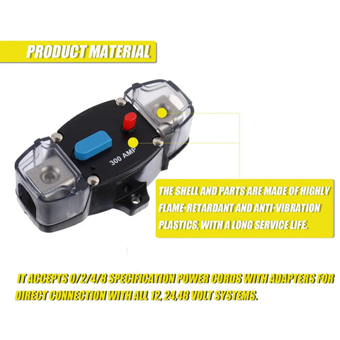 Heavy Duty 300Amp DC Circuit Breaker delivering rock solid auto recovery with durable flame-retardant plastic housing.