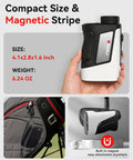 Compact golf range finder with slope, flag lock, 7X magnification, IP54, 1200 yd range, magnetic strip shown attached to bag.