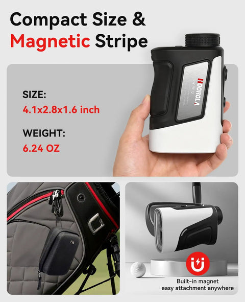 Compact golf range finder with slope, flag lock, 7X magnification, IP54, 1200 yd range, magnetic strip shown attached to bag.