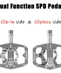 Non Slip 9 Sixteenth Inch Lightweight Nylon Fiber Bike Pedals With Wide Flat Platform For Road And Mountain Bikes showing clip-in and clipless sides.