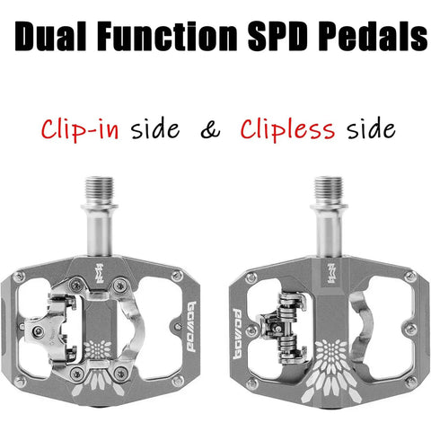 Non Slip 9 Sixteenth Inch Lightweight Nylon Fiber Bike Pedals With Wide Flat Platform For Road And Mountain Bikes showing clip-in and clipless sides.
