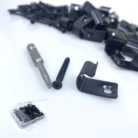 Built Tough 304 Stainless Steel Deck Start Clips, 50 Pc Set With Star Screws And Driver Bits, Universal Slip On Fasteners For Composite Boards, No Sweat Outdoor Mounting Hardware Black components displayed.