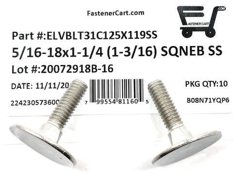 Premium Grade Ten Pack Of Five Sixteenths Eighteen Thread By One One Quarter Inch Stainless Steel Elevator Bolts with Square Neck and Silver 18 8 Grade Hardware.
