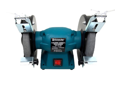 Knockout 6 Inch Bench Grinder With 300 Watt Motor And 3540 RPM Dual Wheels for sharpening with heavy duty tool rest and safety shield.