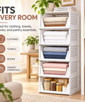Solid 5 Pack Stackable Plastic Closet Storage Baskets In Crisp White For Slick Home Organization That Maxes Out Vertical Space And Keeps Your Daily Essentials Fresh And Tidy, arranged with towels and jars.