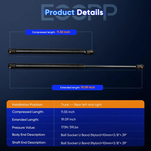 Rear Trunk Lid Lift Support Struts For Ford Mustang 1994 To 2004 And Panoz Esperante shown with compressed and extended lengths.