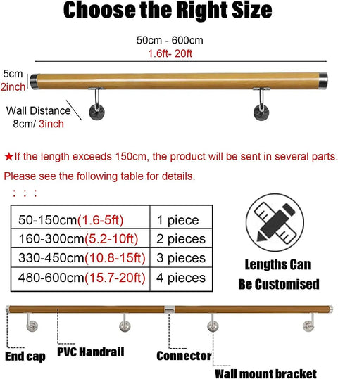 Heavy Duty Built Tough Non Slip PVC Handrail 18 Feet Long all-weather deck railing kit with size options and wall mount details.