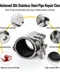 Front view of Kodilin 304 stainless steel pipe repair clamp with bolts, rubber liner, and M1 leak-proof tape.