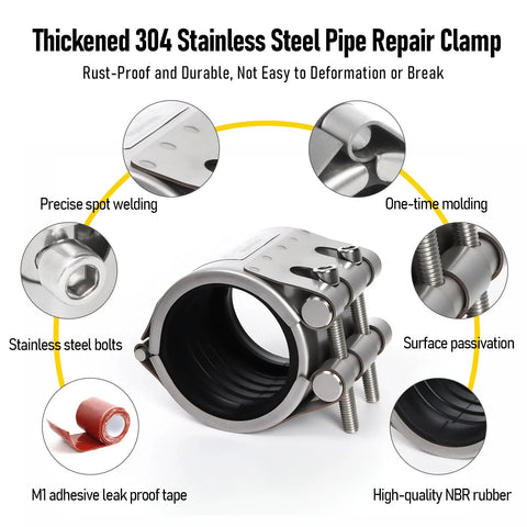 Front view of Kodilin 304 stainless steel pipe repair clamp with bolts, rubber liner, and M1 leak-proof tape.