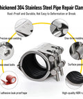 Thickened 304 stainless steel pipe repair clamp with M1 self-adhesive leak-sealing tape and stainless steel bolts.