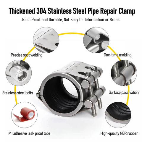 Thickened 304 stainless steel pipe repair clamp with M1 self-adhesive leak-sealing tape and stainless steel bolts.
