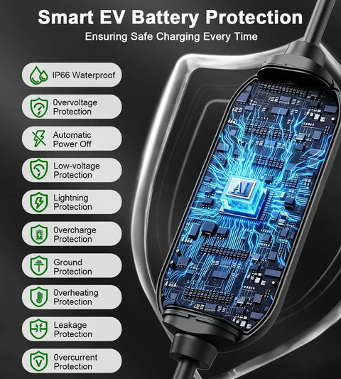 Level 1 And 2 Portable EV Charger For All EVs 16 Amp 110V To 240V 21 Ft Cable with smart protection features.