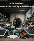 Man assembling 12V 200W Solar Panel Kit With Battery And Inverter For RV Off Grid No Hassle Setup in workshop, surrounded by components.