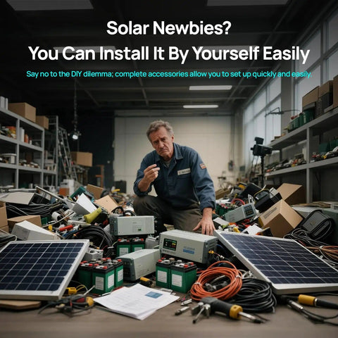 Man assembling 12V 200W Solar Panel Kit With Battery And Inverter For RV Off Grid No Hassle Setup in workshop, surrounded by components.