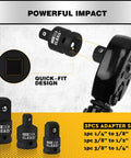 Impact wrench adapter set with quick-fit design, showcasing 1/4" to 3/8", 3/8" to 1/2", and 3/8" to 1/4" adapters for precision torque.