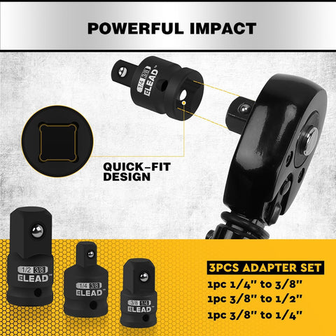 Impact wrench adapter set with quick-fit design, showcasing 1/4" to 3/8", 3/8" to 1/2", and 3/8" to 1/4" adapters for precision torque.