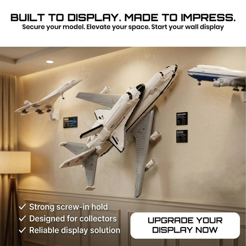 Lego Shuttle Carrier Aircraft 10360 Wall Mount Space Saving Display Bracket showcasing aircraft model on a wall.