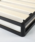 Close-up of Full Size Metal Box Spring With 4 Inch Mattress Foundation, featuring heavy duty steel core and aligned wood slats.
