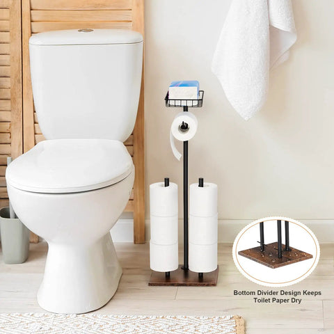 Dope Free Standing Toilet Paper Holder With Storage Shelf In Black And Brown Finish next to a white toilet in a bathroom
