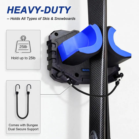 Beefy Ski And Snowboard Wall Mount With Self Locking Design For Garage Storage And Simple Install Keeps Gear Secure With Anti Scuff Pads And Heavy Duty Pole Hooks, showing blue rubber padding and bungee support.