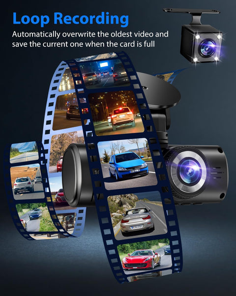 Imagery showcasing No Fuss Triple Channel Dash Cam System with example footage and loop recording feature displayed.