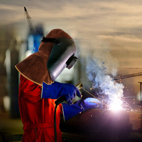 Cowhide Leather Welding Hood With Shoulder Cape Kevlar Reinforced Full Head Coverage Brown OSHA Compliant Durable Protective Helmet For Men And Women During Welding.