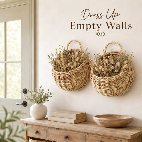 Premium Woven Wicker Hanging Basket Set Of Two Nine Inch Wall Planter With Built In Drainage Guard For Zero Mess Indoors Out And Total Patio Life Flex Upgrade