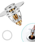 Universal Brass Sink Stopper Pop Up Drain Plug For 1.04 To 1.97 Inch Drains With Hair Catcher And Drain Strainer Easy Install Bathroom Basin Plug No Tools Needed Fits Wide Range, showing assembled plug and hand installation