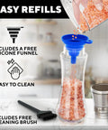 Refillable Stainless Steel Salt And Pepper Grinder Set Of 2 with silicone funnel and cleaning brush on marble countertop