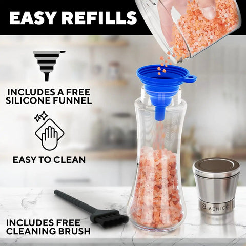 Refillable Stainless Steel Salt And Pepper Grinder Set Of 2 with silicone funnel and cleaning brush on marble countertop