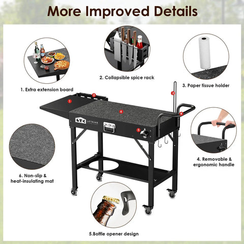 Portable Outdoor Grill Cart For Blackstone Griddle And Ninja Stand Foldable with wheels, 43 inch table with features displayed