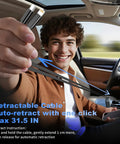 User demonstrating Retractable Car Charger 4 In 1 With USB C Fast Charge 84W, retracting 31.5-inch cord in a vehicle interior.