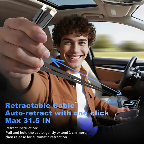 User demonstrating Retractable Car Charger 4 In 1 With USB C Fast Charge 84W, retracting 31.5-inch cord in a vehicle interior.