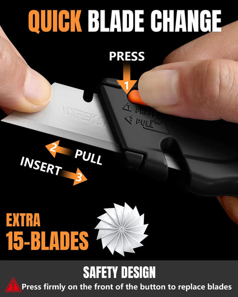 Retractable Box Cutter Knife With Built In Blade Storage And Tool Free Quick Change Includes 15 Sharp SK5 Replacement Blades black blade change