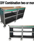 Rolling Tool Cart With 3-Tier Workshop Storage, Black Metal Frame And Wooden Top Workbench, heavy-duty wheels