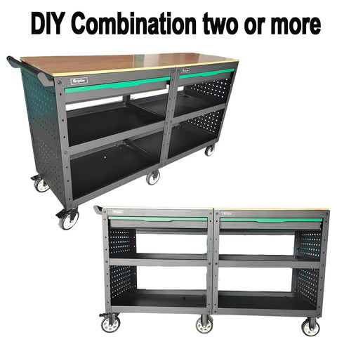 Rolling Tool Cart With 3-Tier Workshop Storage, Black Metal Frame And Wooden Top Workbench, heavy-duty wheels