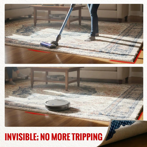 Non Slip Rug Grippers Corner Tapes Set That Will Not Damage Floors shown with vacuum and robot cleaner on area rug, 8 pcs
