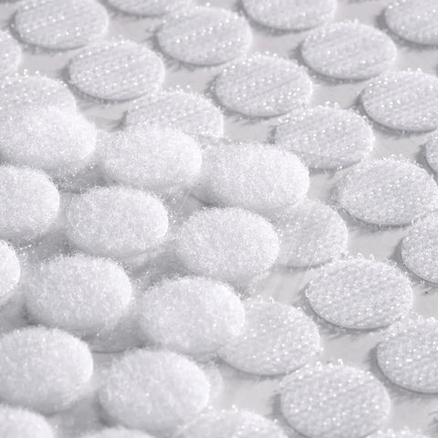 JUMINIZ white 0.59-inch round self-adhesive hook-and-loop fastener dots (close-up view)