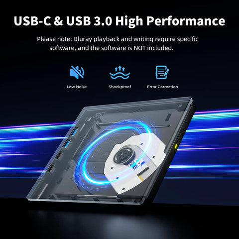 External Blu Ray Drive With 100GB Disc Read Write And 3D Blu Ray Burner Plug And Play Ready Reads Blu Ray At Up To 6X And DVDs At Up To 8X Perfect For Massive Backups Media Archiving And High Quality 3D Blu Ray Playback, USB-C and USB 3.0