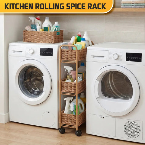 Ultra Slim 3 Tier Rolling Storage Cart for Small Spaces Narrow 7.1 Inch Wide Mobile Shelving Unit between laundry appliances