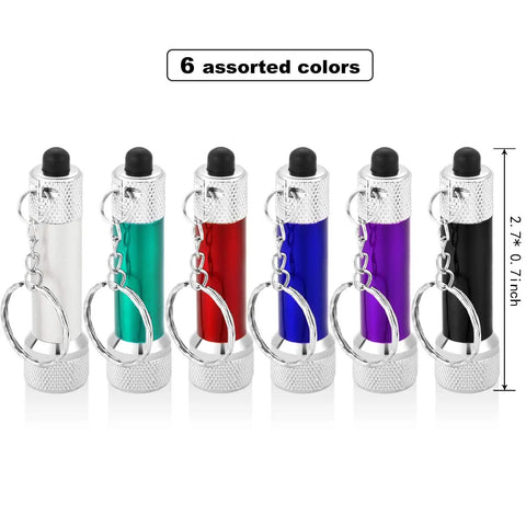 Set Of 30 Mini LED Keychain Flashlights With 5 Bulbs in 6 assorted colors, 2.7x0.7 inch, aluminum alloy, ultra portable for camping.
