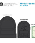 Comparison of Arlington and Medium size heavy duty post mounted outdoor mailboxes in black with galvanized steel, USPS approved.