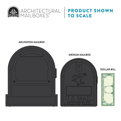 Comparison of Arlington and Medium size heavy duty post mounted outdoor mailboxes in black with galvanized steel, USPS approved.