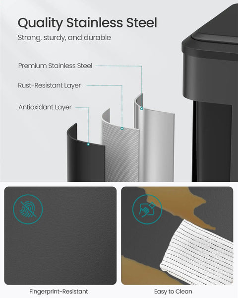 Cross-section of Two Compartment 8 Gallon Stainless Steel Trash Can With Soft Close Lid showing premium stainless steel layers.