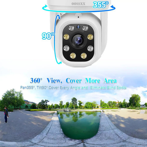 3K Ultra HD PT Wireless Security Camera System installed outdoors with 360° view and AI human tracking, 4TB HDD for 90 days recording.