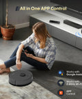 Woman using smartphone to control Robot Vacuum And Mop All In One Combo With Beastly 6000Pa Suction, Self Empty Dock, LiDAR Navigation.
